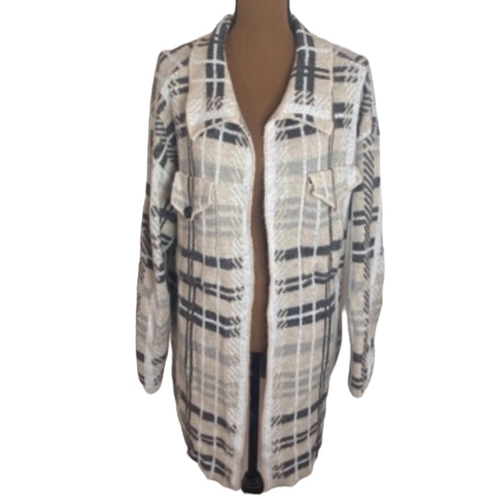 By Design plush soft knit plaid longline sweater shacket neutrals size XL